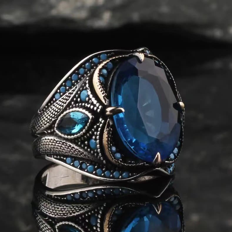 Novo anel masculino de liga metálica, elegante e moderno, com zircônia azul, acessório para festas HVE7 91A1