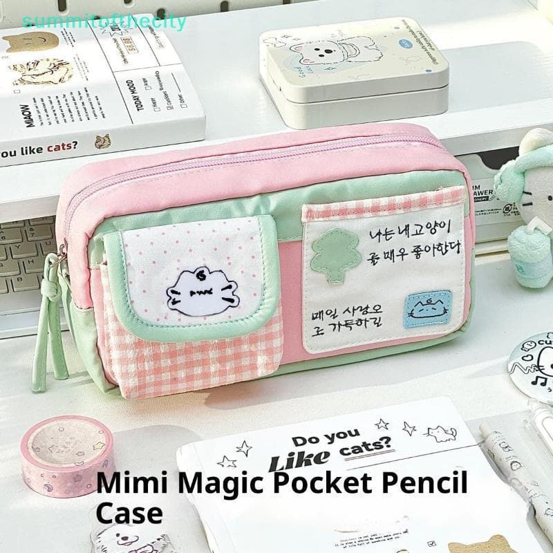 sum À Prova De Estilo Japonês Grande Capacidade Bonito Desenho Animado Gato Xadrez Lápis Caso Multi-Camada Multifunciona