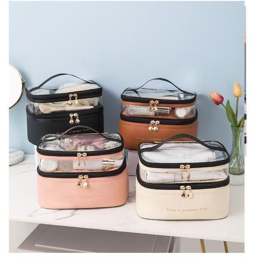 Bolsa cosmética portátil de dupla camada de grande capacidade para uso externo, bolsa de viagem para cuidados com a pele