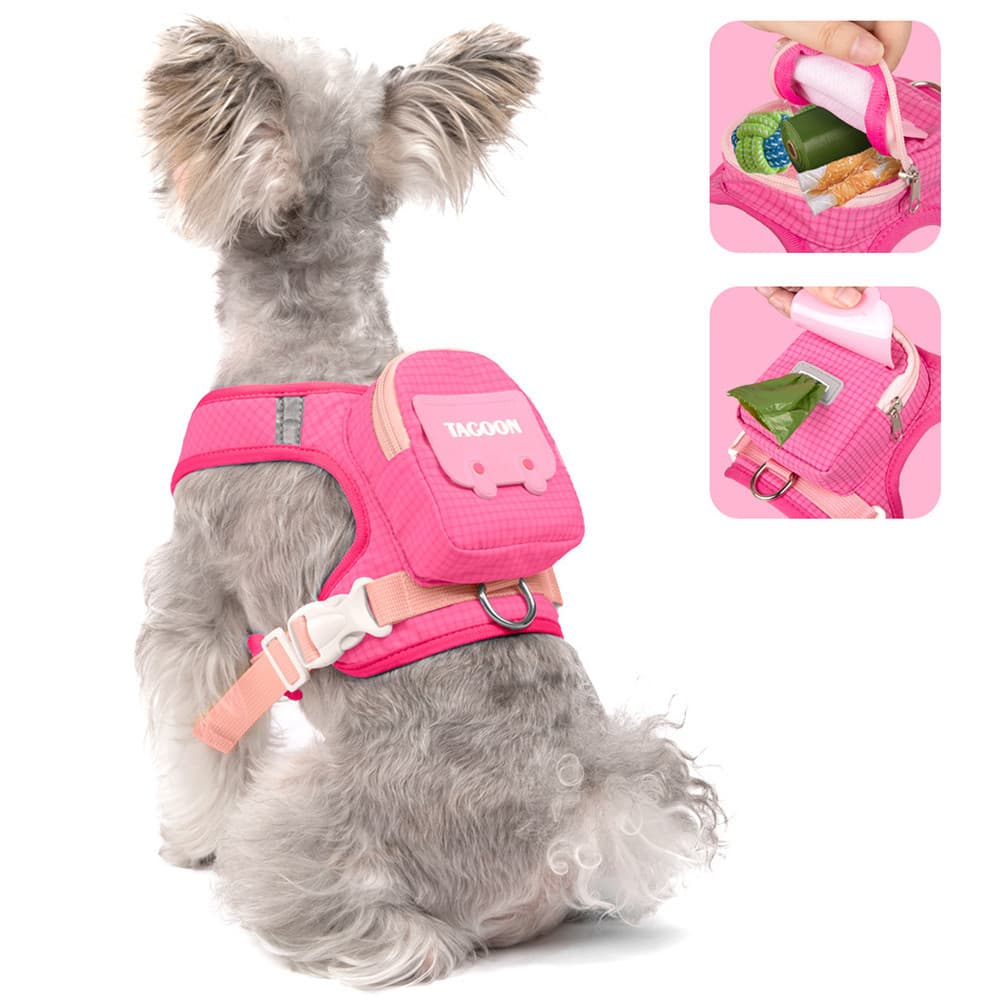 Mochila para Cães com Dispensador de Sacos para Dejetos, Coleira Peitoral para Cães Pequenos e Médios