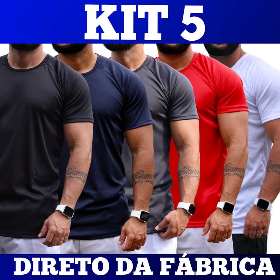 Kit 5 Camisas 100% Poliéster Dry Fit Treino Masculina Básica Lisa Conforto Fino Leve Premium