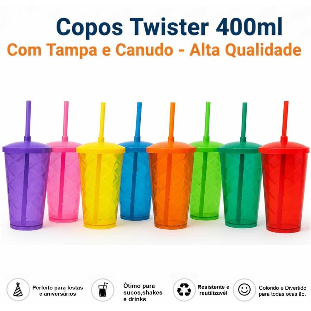 Kit 10 Copos Twister 400ml Com Tampa E Canudo