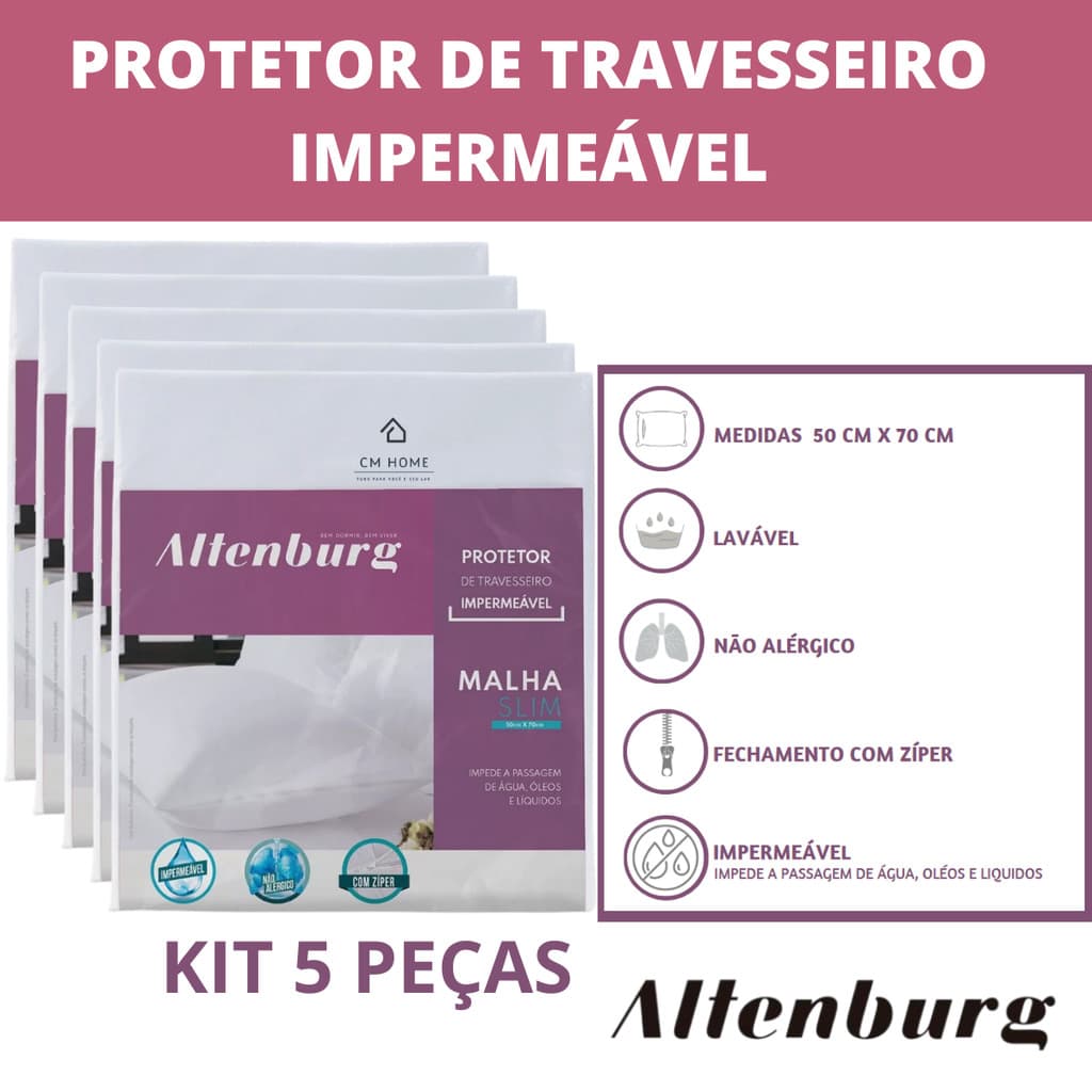 Capa de Travesseiro Impermeável Altenburg Antiácaro com Zíper Kit 5 pçs Lavável Proteção Suor