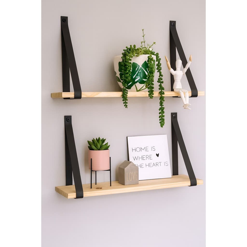 Kit 2 Prateleiras de Madeira Com Alça de Couro Decoração Casa Quarto Luxo Banheiro Pinus Industrial