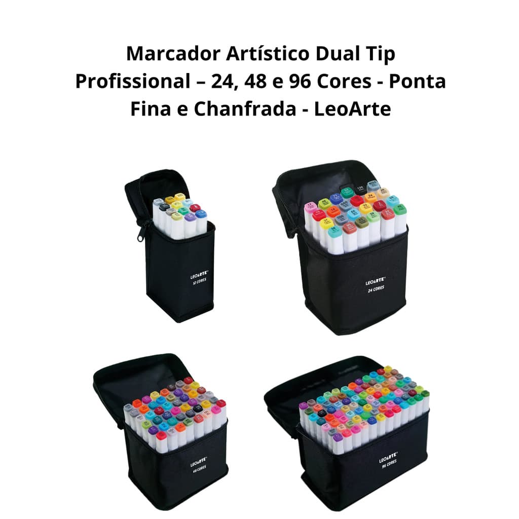 Marcador Artístico Dual Tip – 24, 48 e 96 Cores - Ponta Fina e Chanfrada - Leoarte