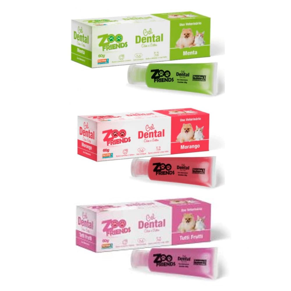 Gel Creme Dental Pasta de Dente para Cães e Gatos Zoo Friends 60g Sabores