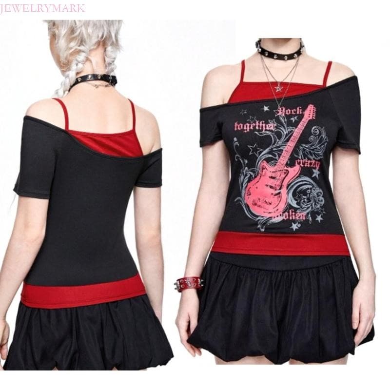 Corte Ombro Gótico Feminino Judeu Curta Gráficos Guitarra