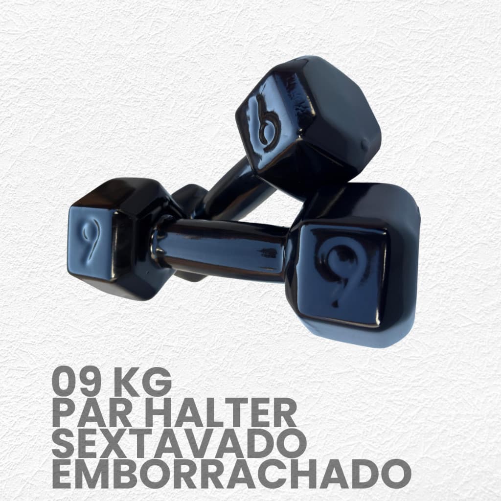 Par Halter Sextavado Emborrachado 9kg - (2 unidades) Peso de academia