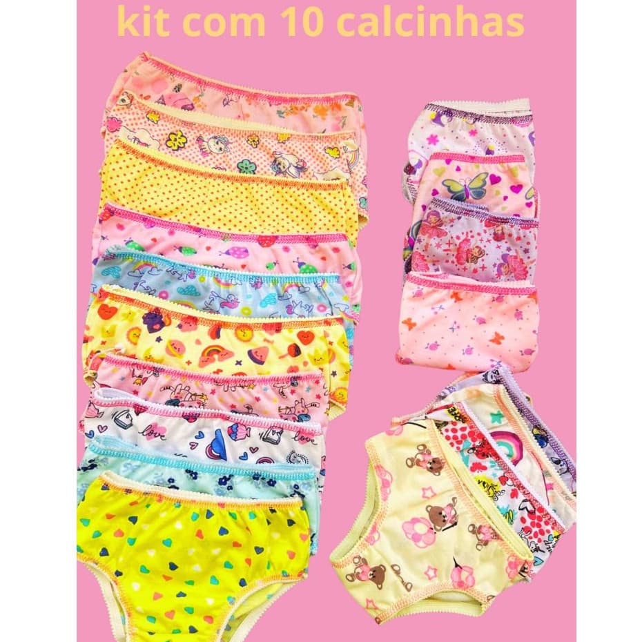 Kit 10 Calcinha Tanga Infantil  Roupa Menina Personagens Calçolinha Juvenil 6 meses Ao 10 anos