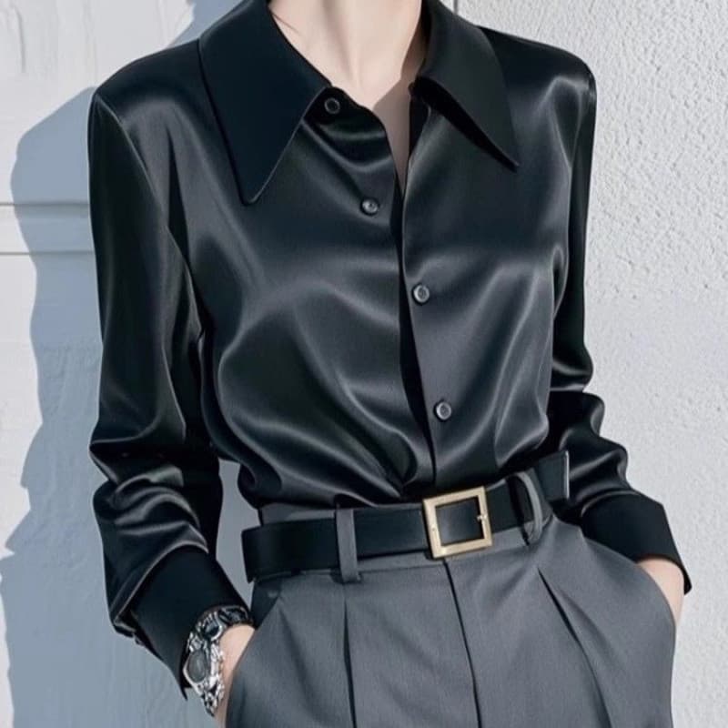 Camisa de Cetim de Manga Longa com Lapela de Alta Qualidade para Mulheres, Estilo Novo de Primavera e Outono 2025, UUVA