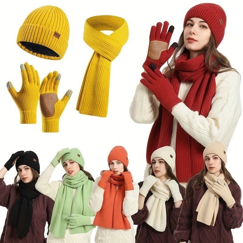Conjunto de Inverno Unissex de 3 Peças (Gorro, Luvas e Cachecol), Tecido Tricotado, Elástico, Lavável à Mão, Quente e Es