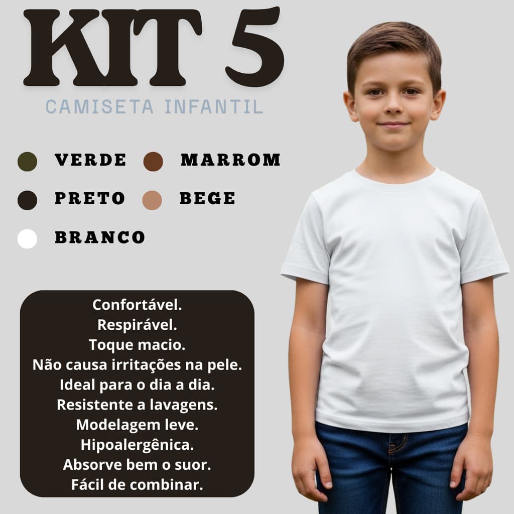 Kit 5 Camisetas Infantil 100% Algodão – Básicas Lisas Unissex Manga Curta