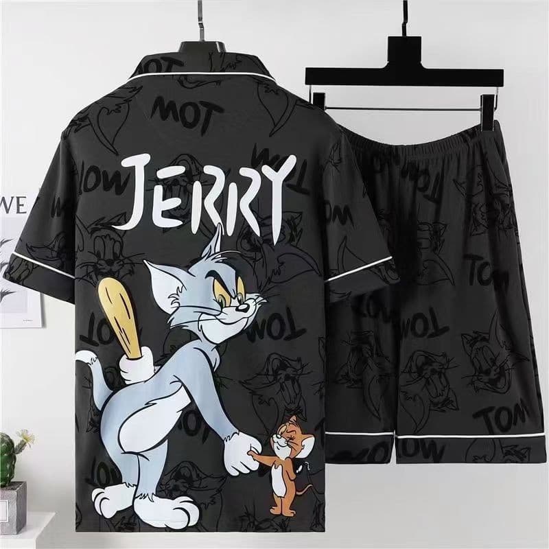 Pijamas de verão masculinos de manga curta solto mais gordura plus Size dos desenhos animados estudante Cardigan estilo