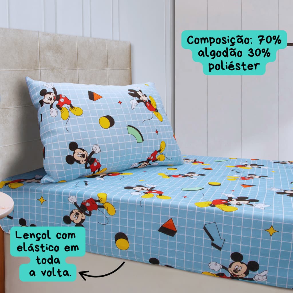 Jogo de Cama Solteiro Infantil com Elástico 2 Peças Azul Disney Mickey Estampado