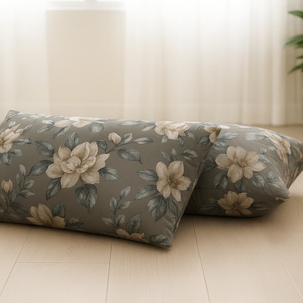 Par De Fronha 70 X 50 Micropercal  Floral Cinza Bege  Estamp