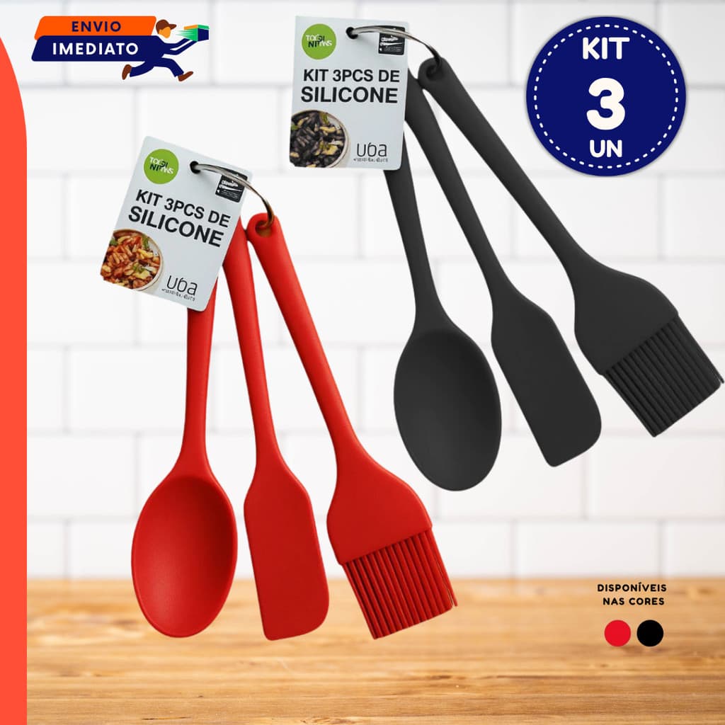 1 Colher Silicone ou 3 Utensílios De Silicone Para Cozinha Colher, Espátula Pão Duro e Pincel Culinário Vermelho / Preto