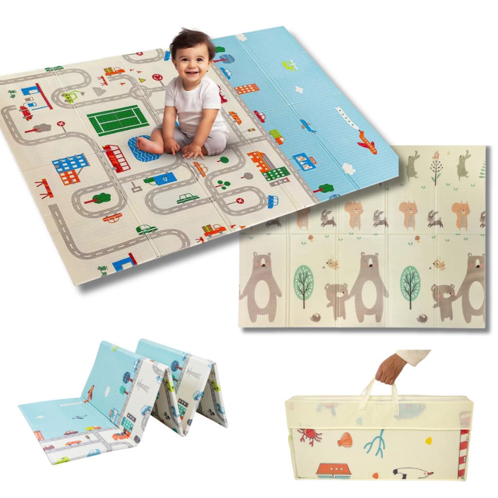Tapete de Atividades tatame Para Bebes Dobrável Dupla Face 200x150 Emborrachado Infantil Urso Cidade