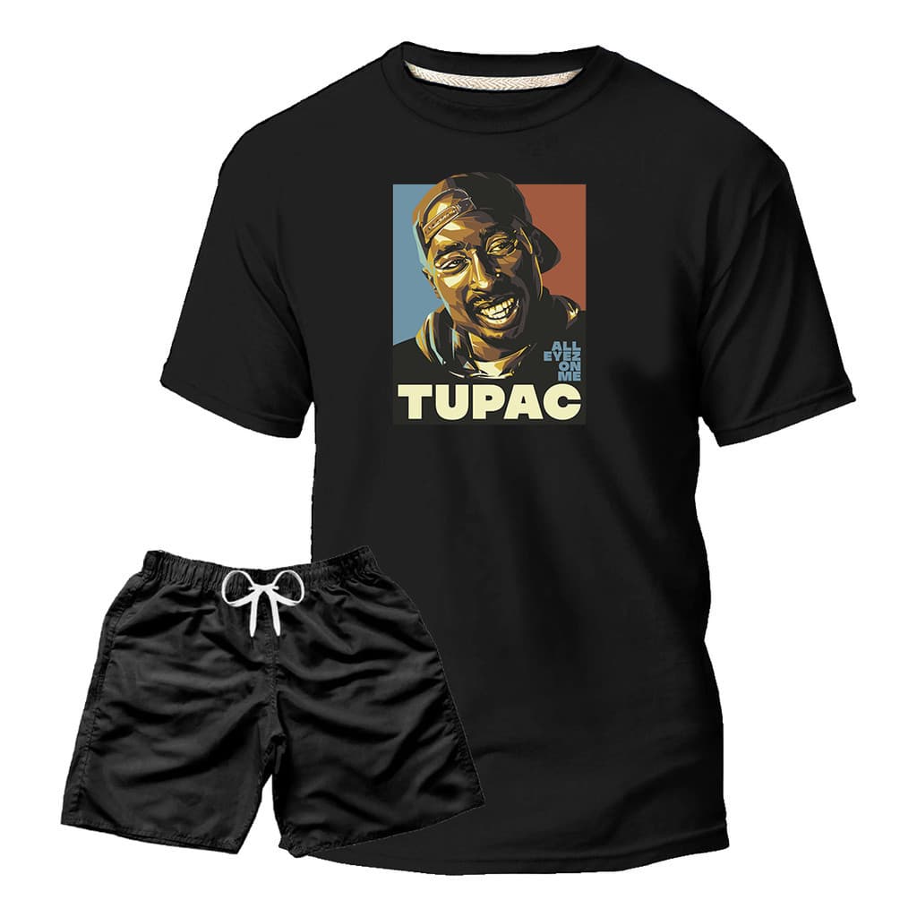Kit Quebrada  Estampa Chave Camiseta Masculina Tupac Shakur+ Short Tactel Masculino