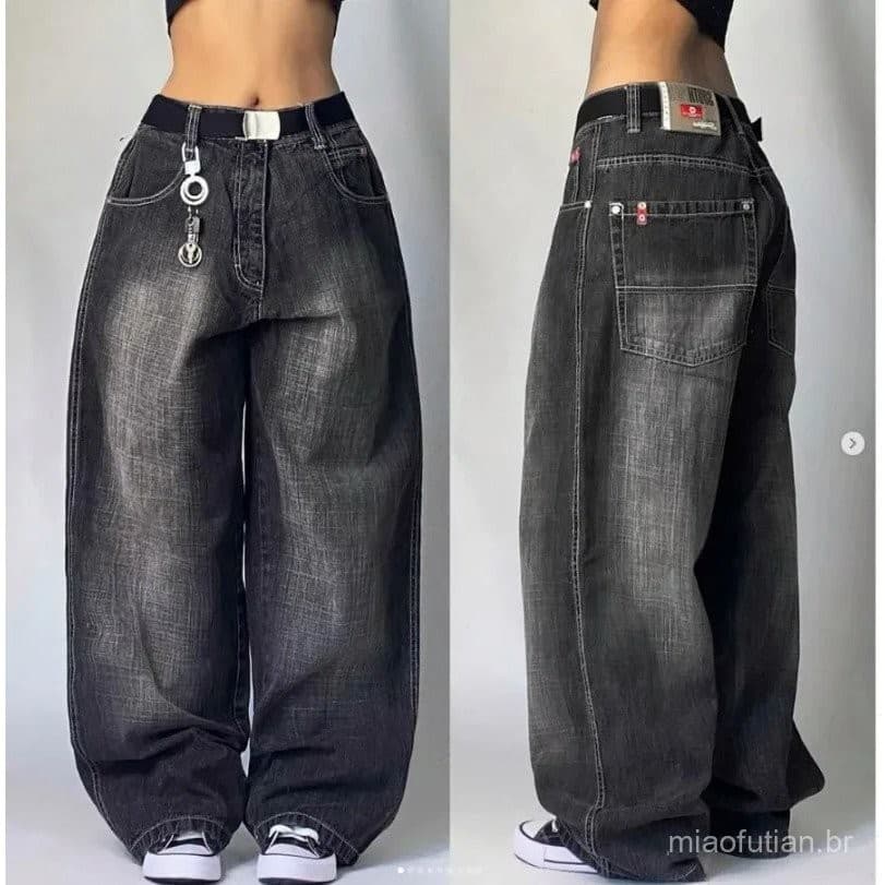 Calças Jeans Largas Y2K Mulheres Vintage Pretas Góticas Hip Hop Rua Skate Harajuku Novas 2025 2UNW