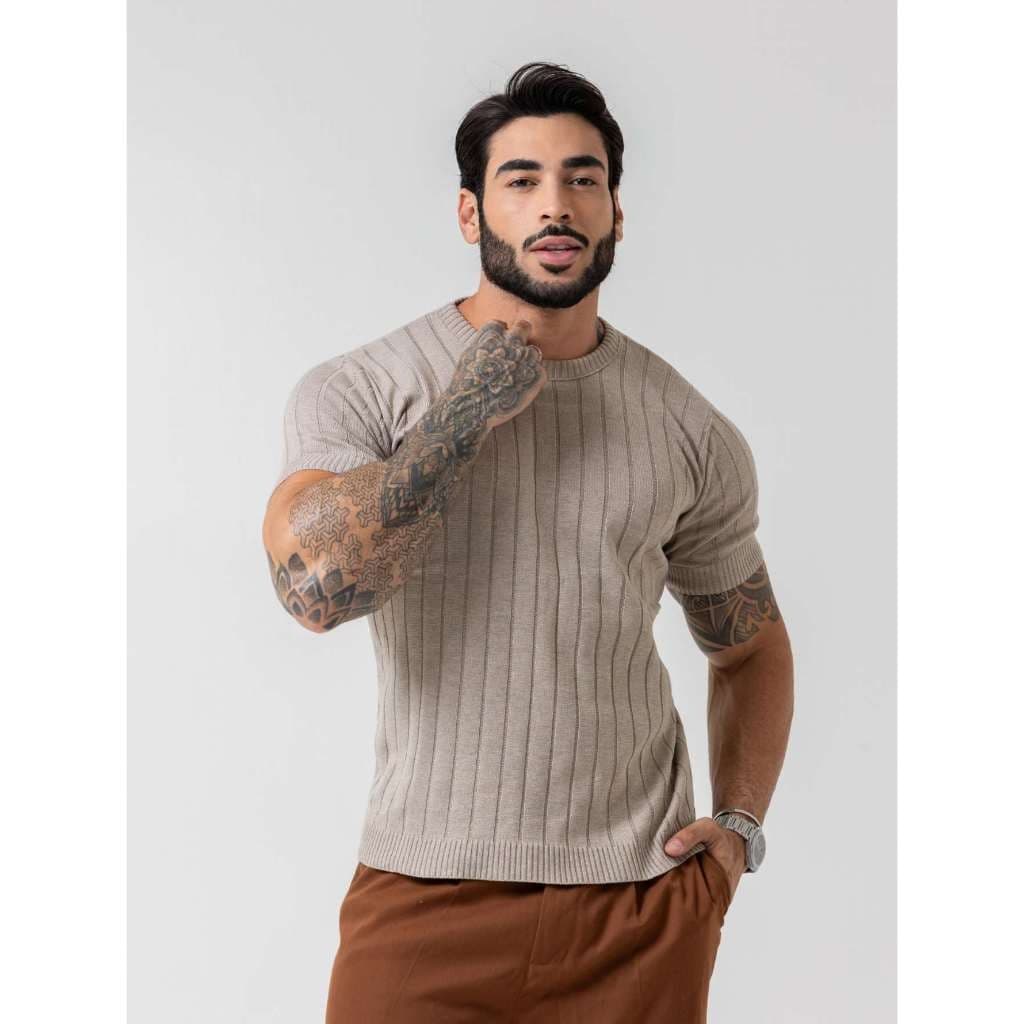 camiseta masculina de tricot com manga curta gola redonda padrão verão chique