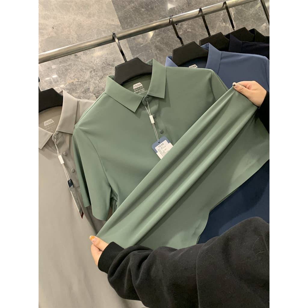 Pedido da empresa ODM!Grande elasticidade!Camisa polo masculina verão negócios Casual lapela manga curta leve respirável