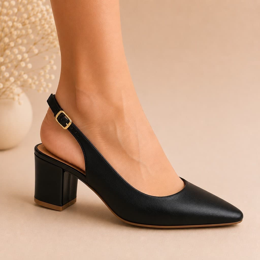 Scarpin Slingback Feminino Bico Fino Salto Médio Tira Ajustável Elegante Moderno Casual Sofisticados