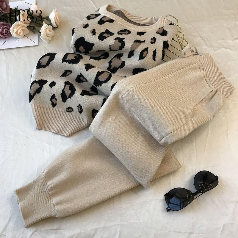 Conjunto de Duas Peças em Tricô com Estampa de Leopardo para Mulheres, Primavera-Outono, Suéter de Manga Longa e Calças