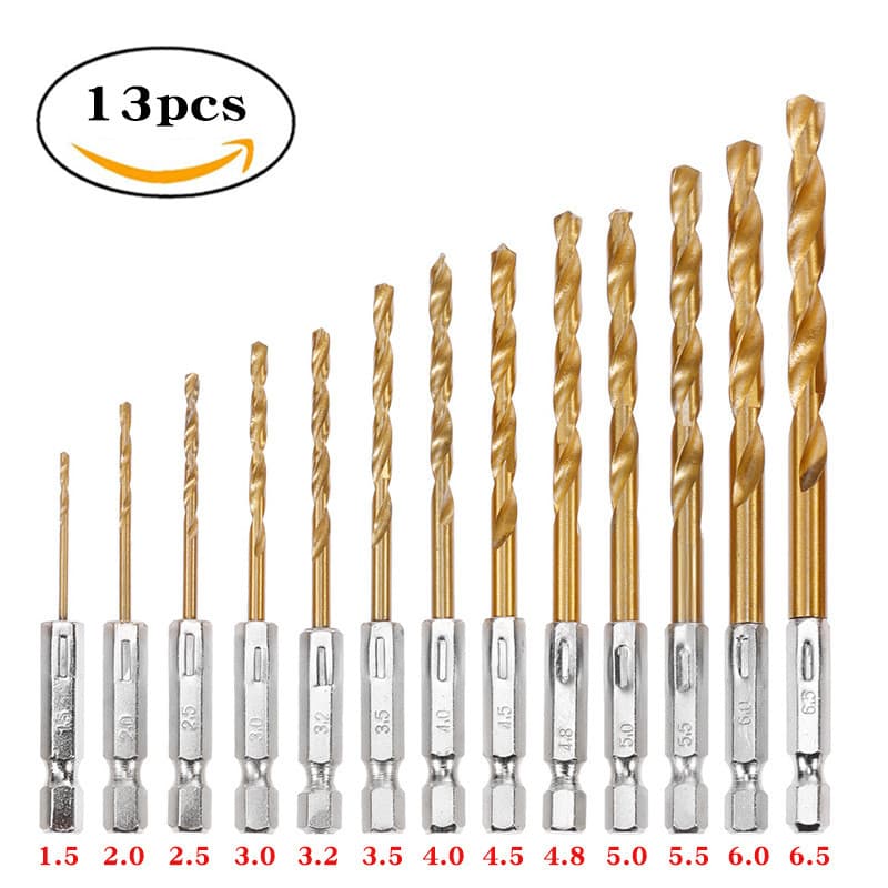 Conjunto de 13 Brocas Helicoidais com Haste Hexagonal, Aço de Alta Velocidade, para Perfuração de Madeira e Plástico, Co