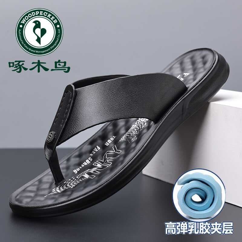 Woodpecker chinelos masculinos verão exterior usar couro praia flip-flops antiderrapante Deo