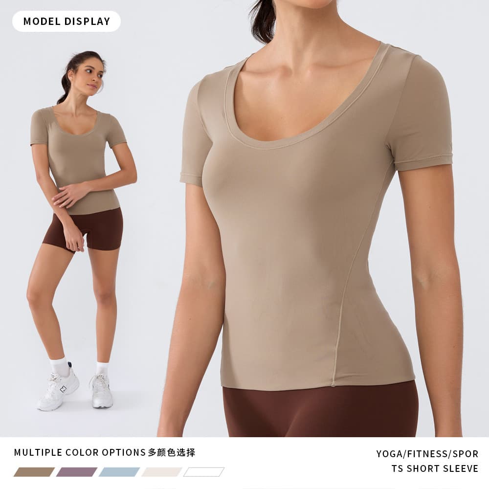 Maojia Yoga camiseta esportes de manga curta fino ajuste elástico respirável Fitness esportes grande em torno do pescoço