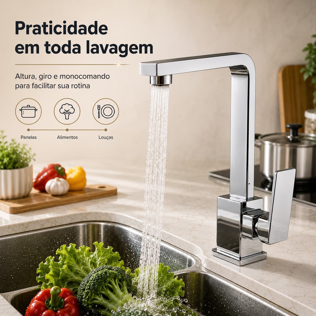 Torneira Cozinha Monocomando Gourmet Flexível Cromada Luxo Quente e Fria