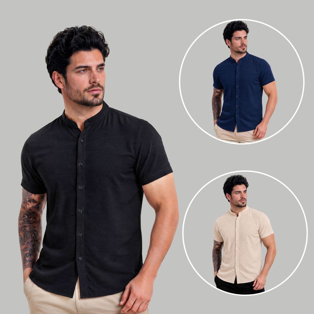 Kit 3 Camisa Gola Padre Social Casual Masculina De Linho Blusa Algodão Manga Curta Luxo