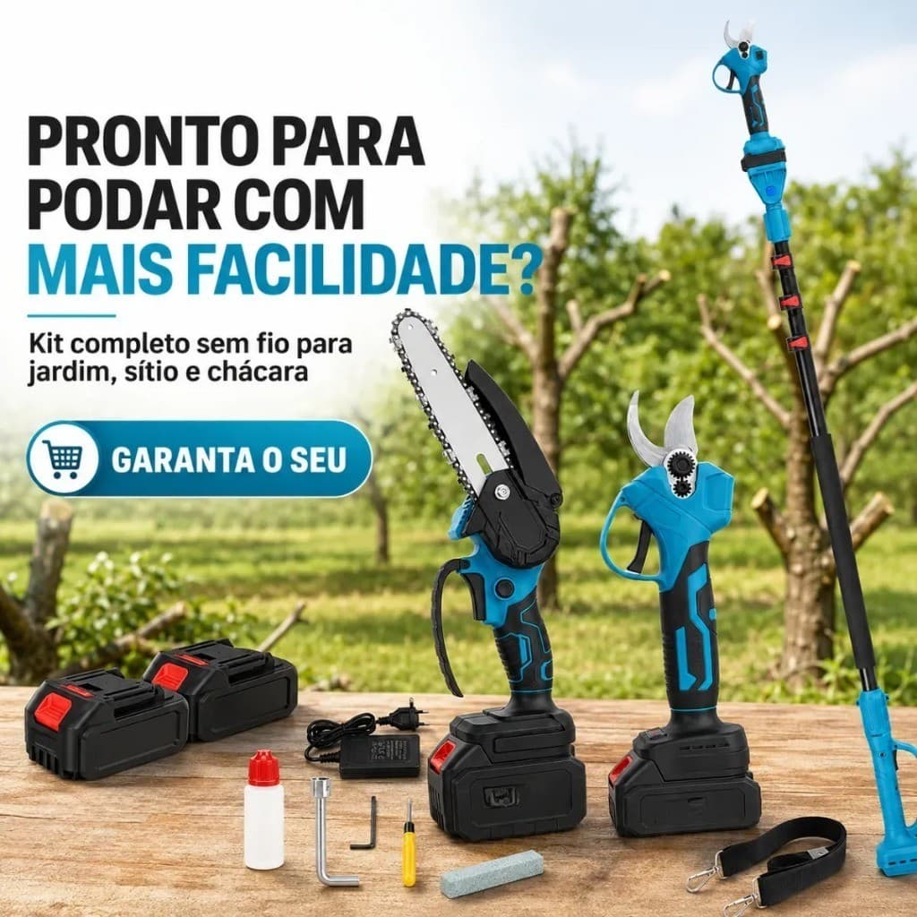 Kit Mini Motosserra e Tesoura de Poda Eletrica Sem Fio com Extensor 180cm 2 Baterias 48V Luatek LWJ-294