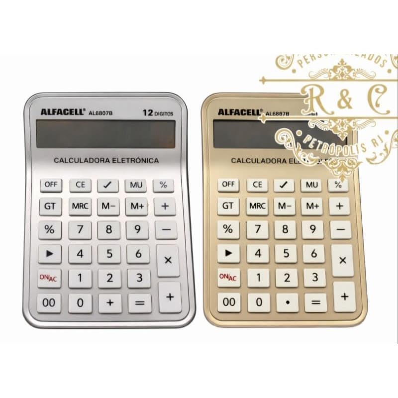 Calculadora Grande Eletrônica Alfacell 12 Dígitos Prata ou Dourada | R&C Personalizados