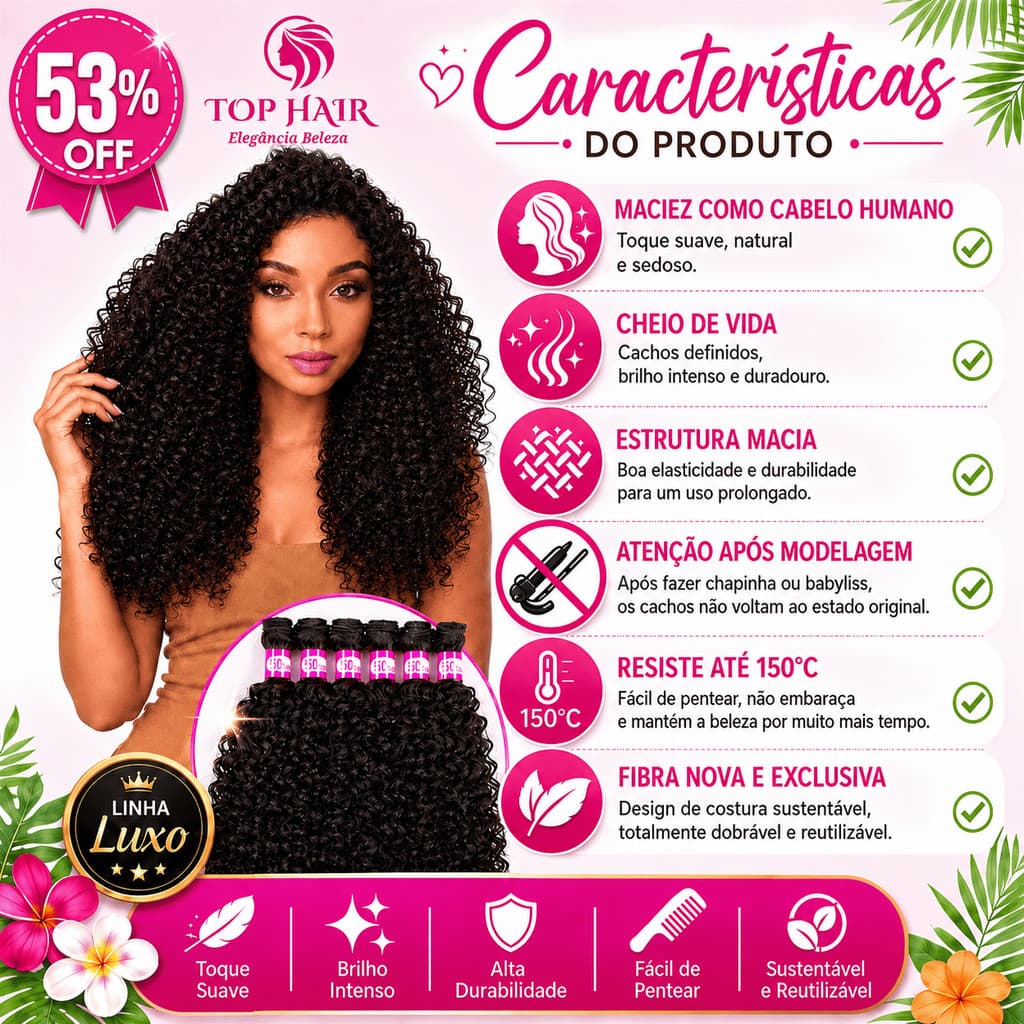 Cabelo Orgânico Cacheado Natural Fibra Super Premium 60cm 9Telas 320gr Top Hair ASYSSA