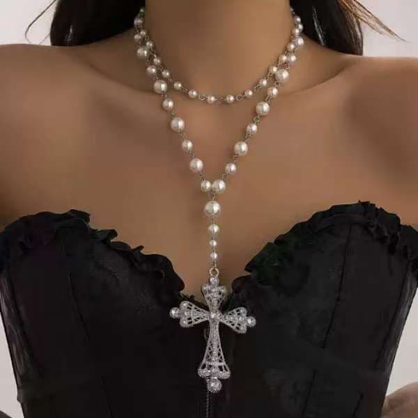 Colar de Pérolas com Cruz, Pingente Grande, para Mulheres, Pérolas Góticas Robustas