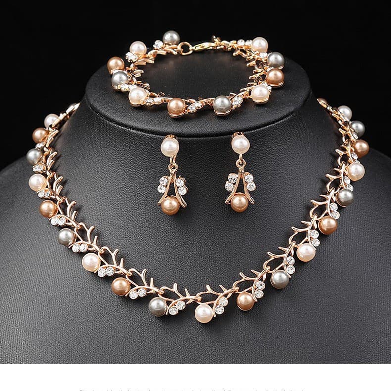 Conjunto de Colar e Brincos de Pérolas Estilo Coreano, Acessórios Combinando para Vestido de Noiva, Conjunto de Três Peç