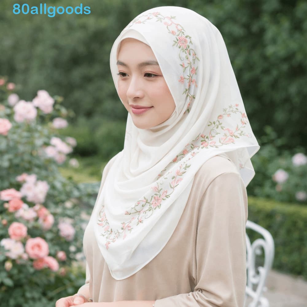 ALLGOODS1 Lenço Longo , Floral Estilo Étnico De Cor Sólida Muçulmano Bordado Fino De Malha