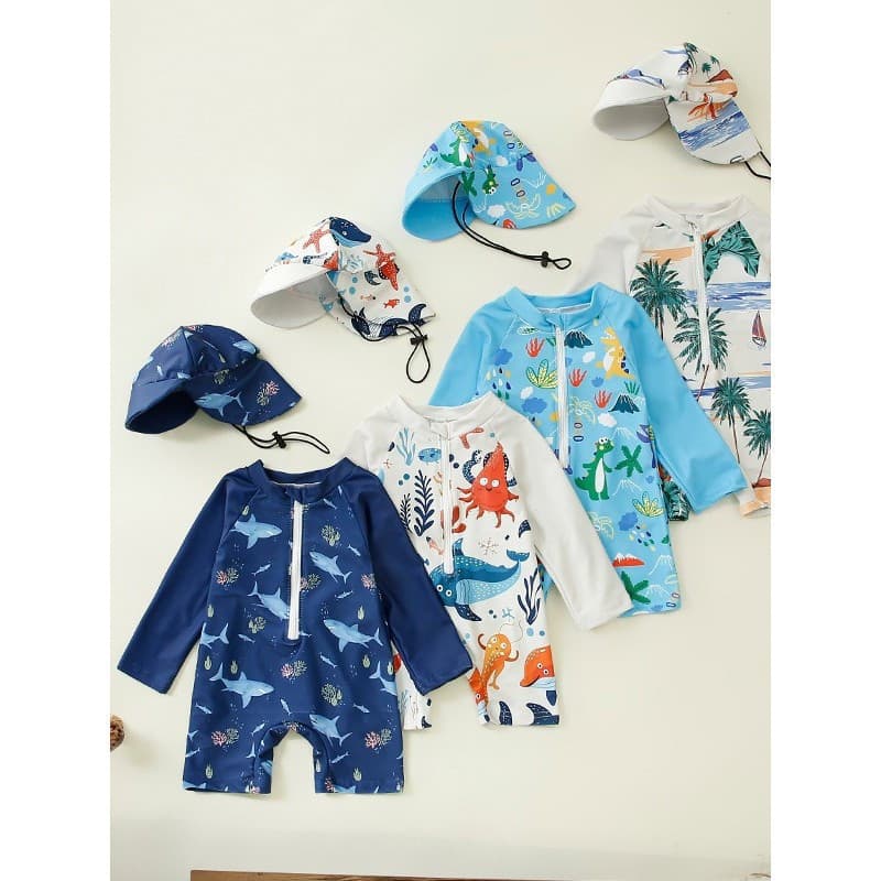 Maiô infantil com estampa de dinossauro + chapéu de praia, roupa de banho infantil para o verão