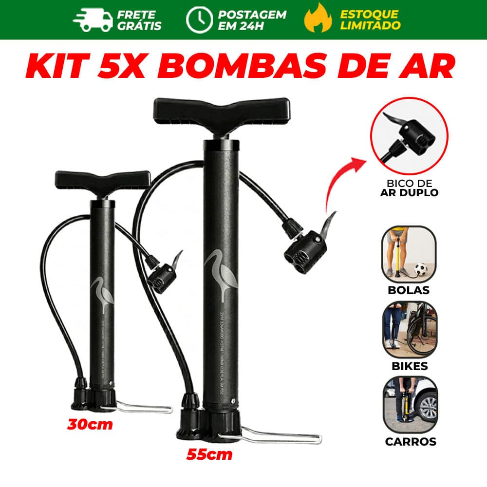Combo 5 Bombas de Ar Para Encher Pneu Bicicleta Moto Carro Bola Balão 30cm Manual Forte