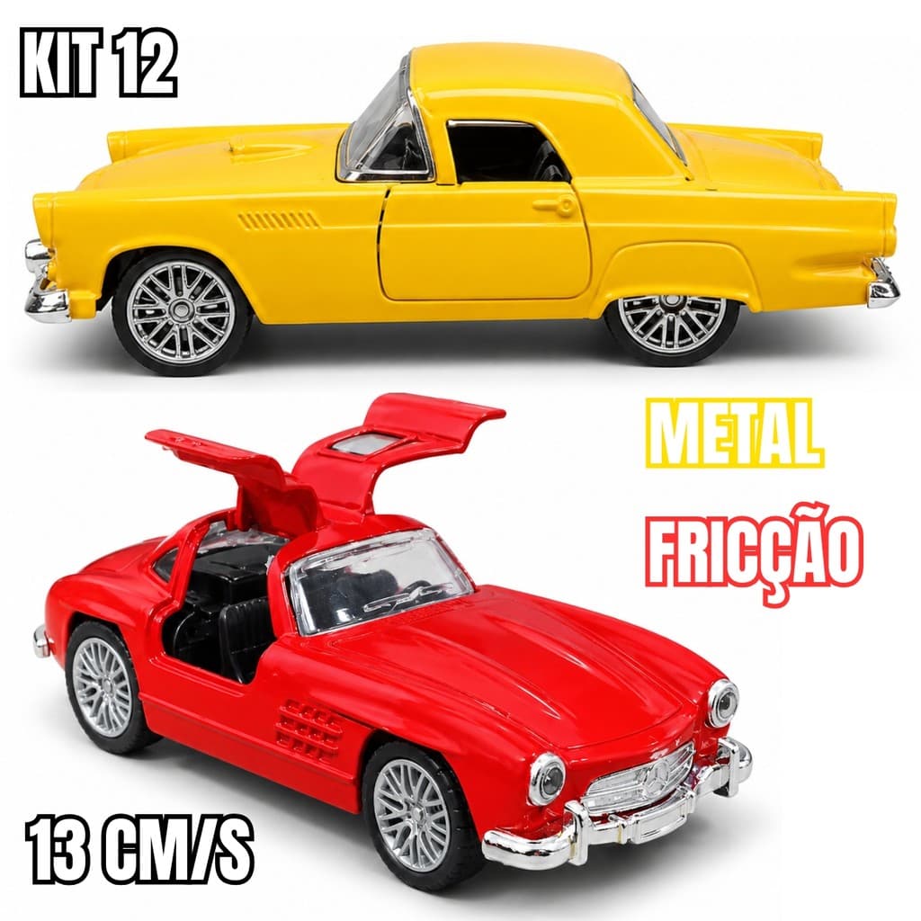 Kit 12 Carrinhos Vintage Metal Fricção 13cm Miniaturas Clássicas Sortidas Colecionáveis