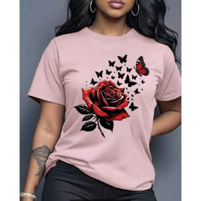Camiseta Feminina Plus Size Estilosa 100% Algodão com Estampa Rosa de Borboletas – Linda e Confortável | Envio Imediato