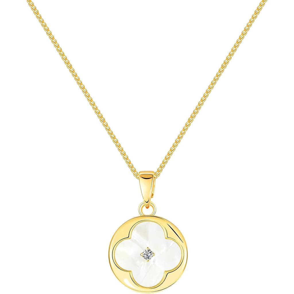 Colar de Trevo para Mulheres - Pingente de Quatro Folhas em Ouro 14K com Zircônia Cúbica e Madrepérola, Ônix Branco e Pr