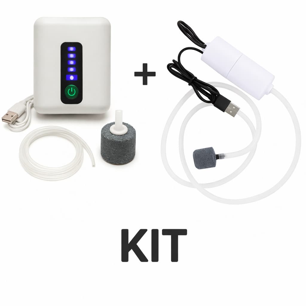 Kit Duplo Oxigenado Aquário USB - 1 Recarregável + 1 Econômico Baixo Consumo