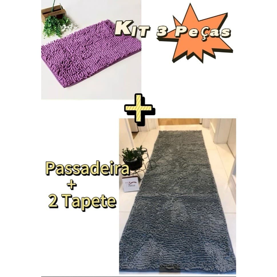 Kit 3 Tapetes Passadeira De Microfibra Grande 60cm×180cm+40x60cm Antiderrapante!
