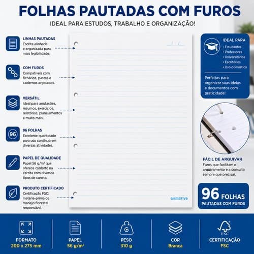 Folhas Pautadas Fichário 96 Papel Resistente Perfuração Padrão Organização Anotações