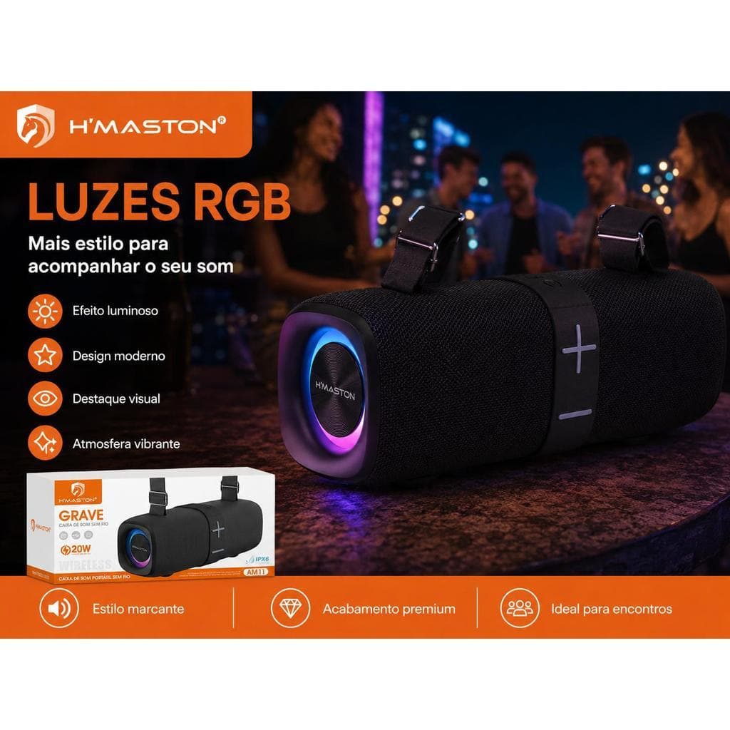 Caixa de Som Bluetooth HMaston TN920 40W Portátil com Tela Touch, Bateria 3600mAh, Rádio FM e Proteção IPX6