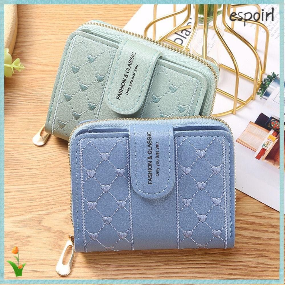 Porta-Cartões ESPOIR , Bolsa De Moedas Com Zíper Bordado Feminina De Couro Versátil De Grande Capacidade Coração