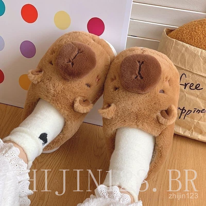Chinelos de Algodão Novo Estilo Merda-Piso Capivara para Mulheres e Homens, Uso Externo de Inverno para Casais, Lã A