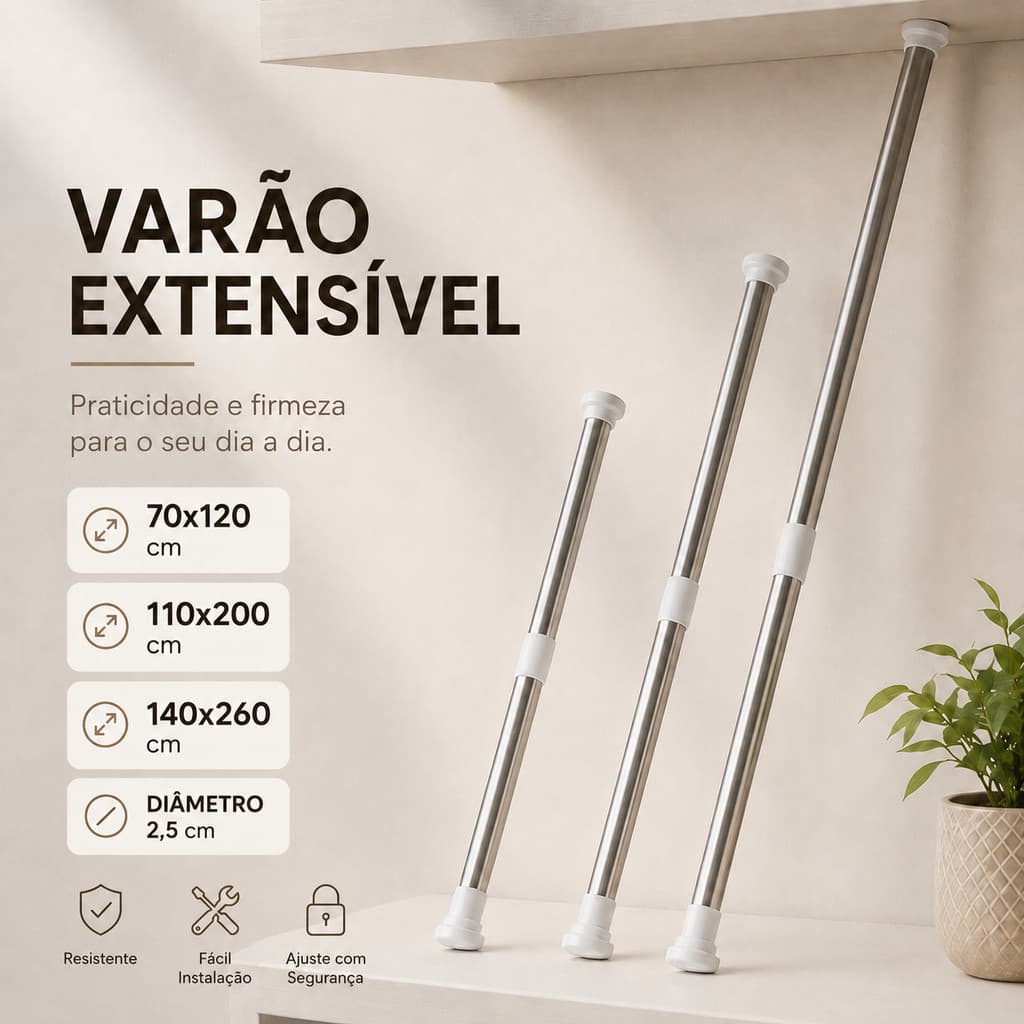 Varão cortina Extensível Ajustável Barra para Sem Furo Bastão Aço Inox Suporte Telescópico Banheiro Janela Porta